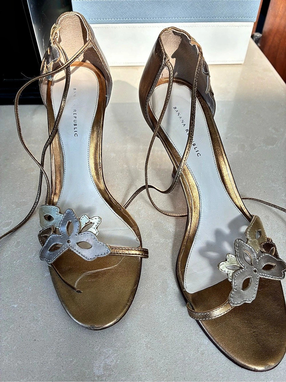 Banana Republic Gold Floral Ankle-Tie Heels